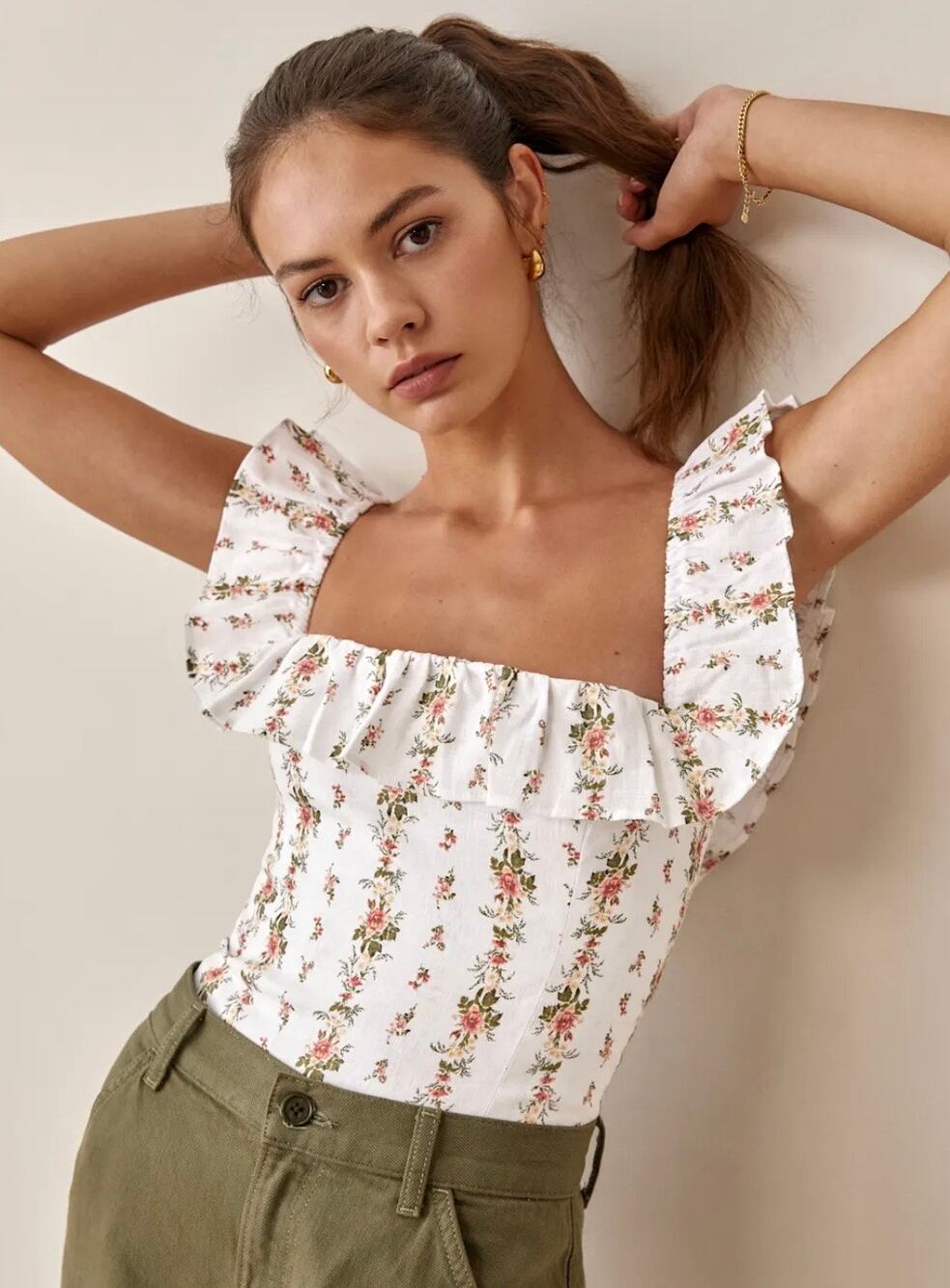 Reformation Rhode Linen Crop Top Square Neck Smocked Floral Romantic - Size 4